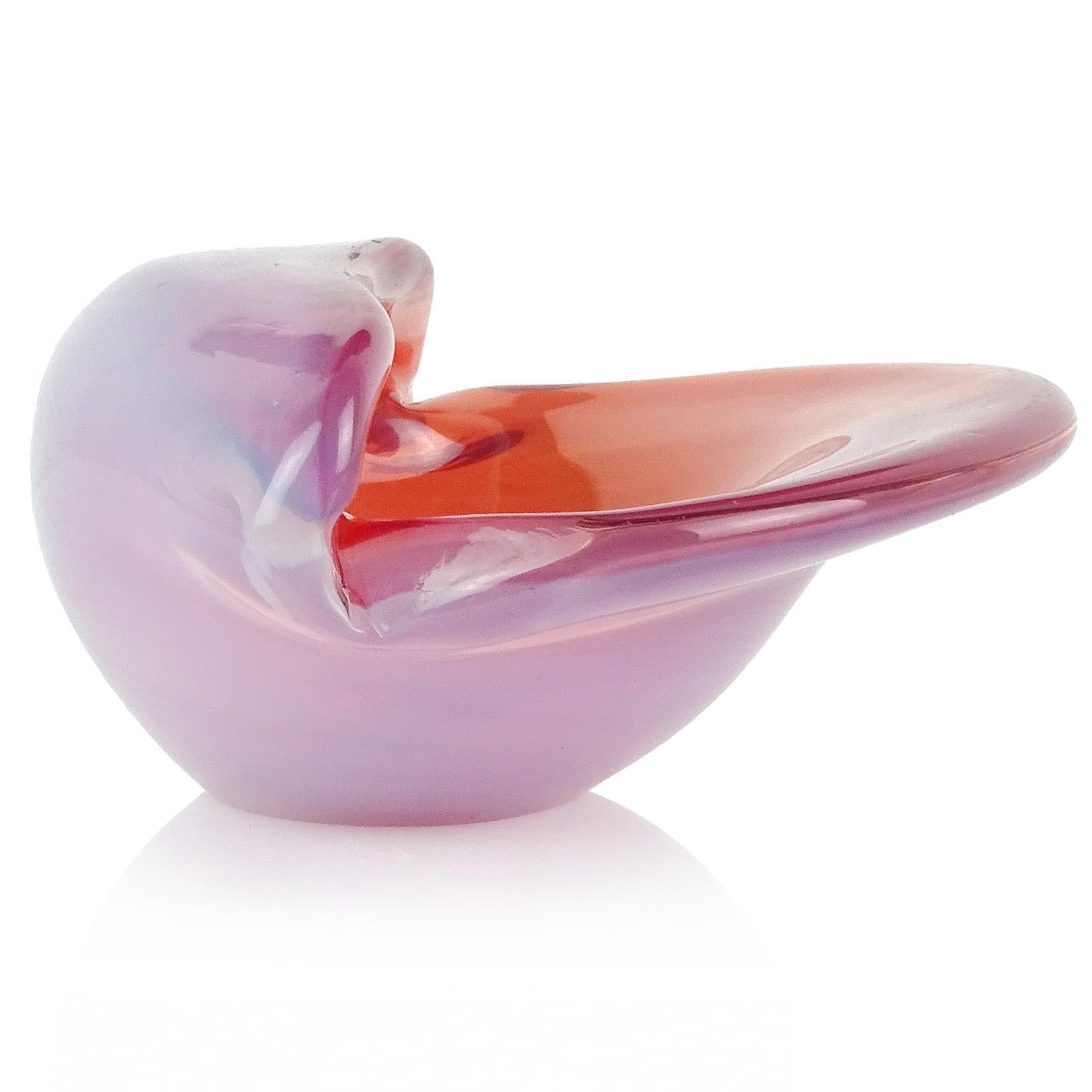 Beautiful Murano hand blown opalescent white and pink Italian art glass clam shell decorative bowl. Documented to the Cenedese Company. Would make a great jewelry, trinket or business card holder. Measures: 6 1/2