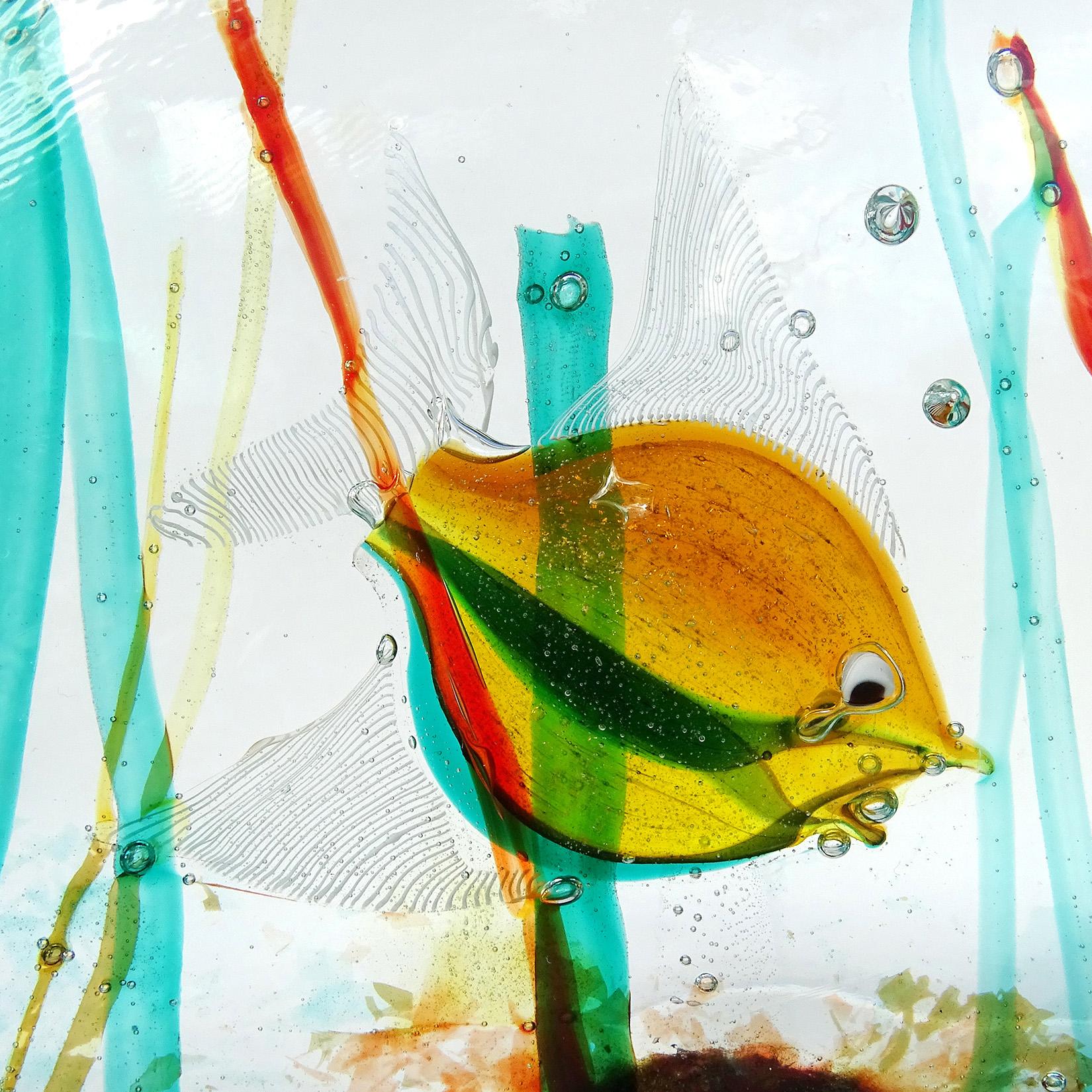 Cenedese Murano Naranja Blanco Motas Plata Arte Italiano Vidrio Pez Acuario Bloque Moderno de mediados de siglo en venta