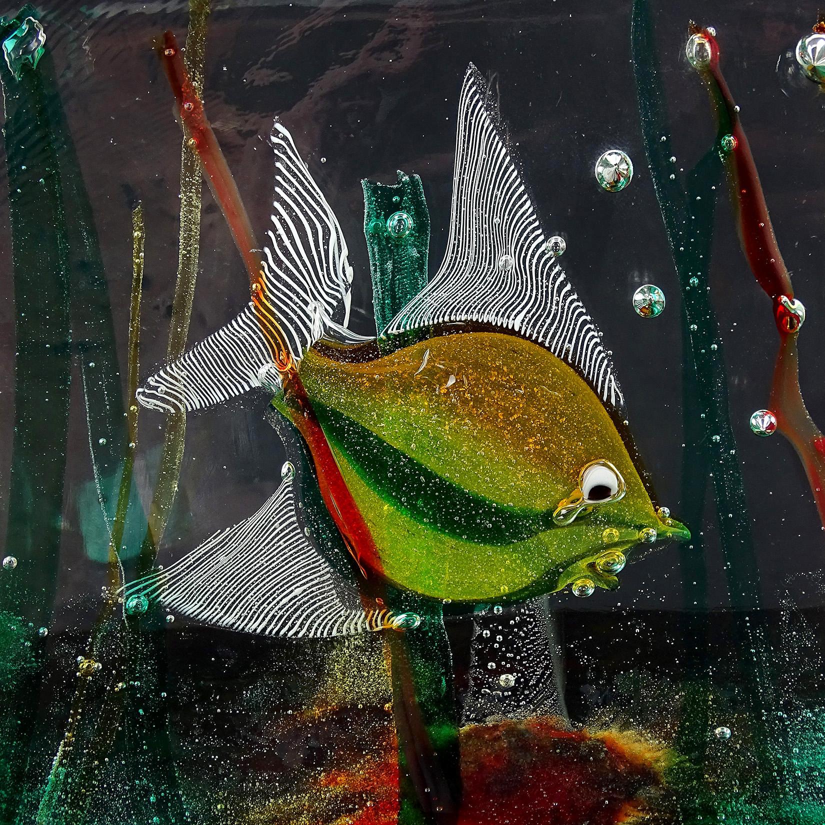Cenedese Murano Naranja Blanco Motas Plata Arte Italiano Vidrio Pez Acuario Bloque Hecho a mano en venta