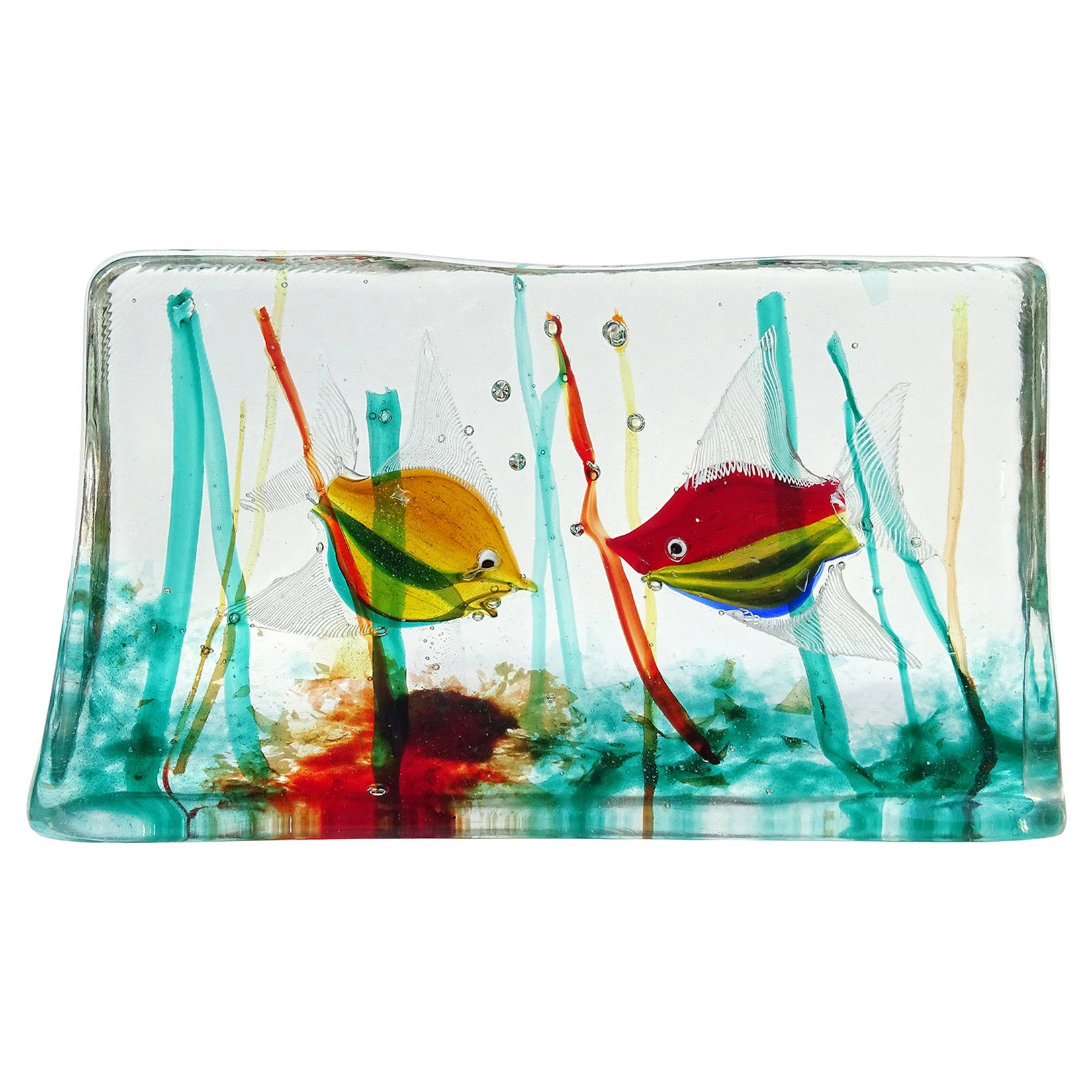 Cenedese Murano Orange White Silver Flecks Italian Art Glass Fish Aquarium Block