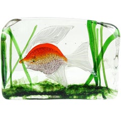 Cenedese Murano Orange White Silver Flecks Italian Art Glass Fish Aquarium Block