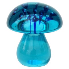 Cenedese Murano Sommerso Blue Cobalt Bubbles Art Glass Mushroom Paperweight