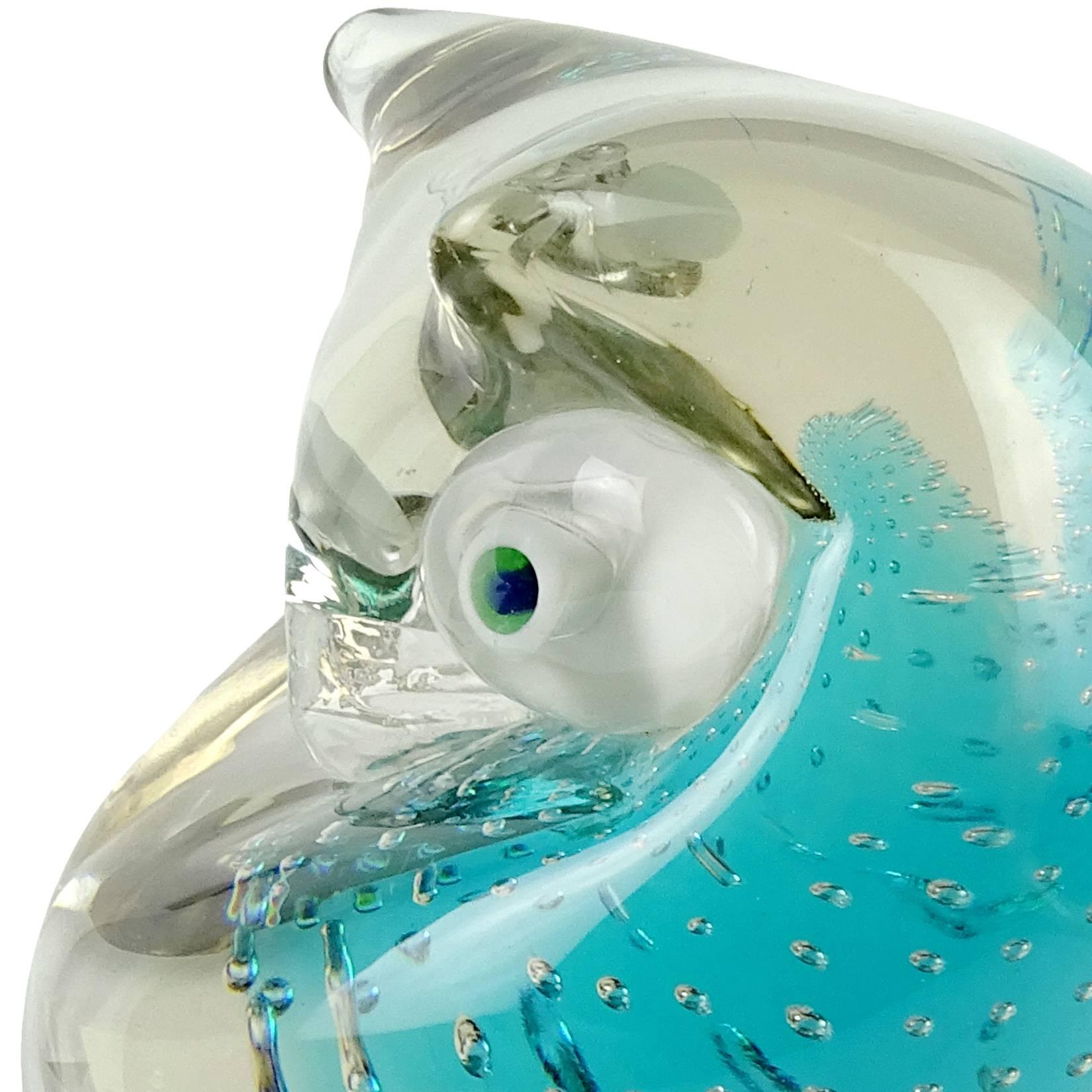 Mid-Century Modern Cenedese Murano Sommerso Blue Core Italian Art Glass Owl Sculpture Paperweight