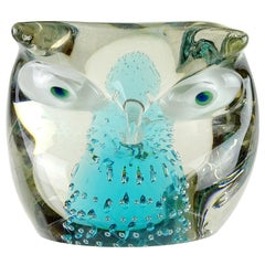 Cenedese Murano Sommerso Blue Core Italian Art Glass Owl Sculpture Paperweight