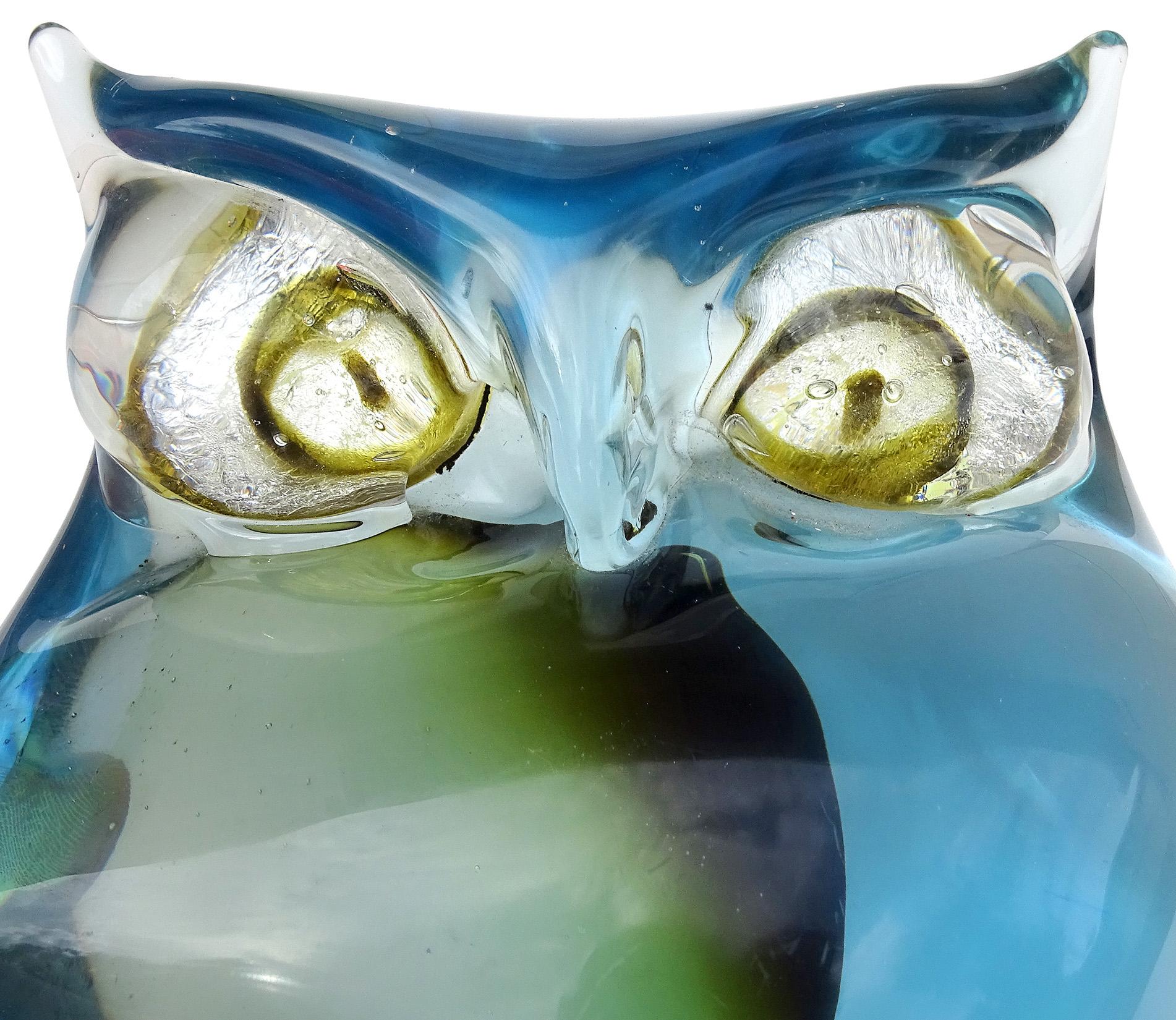 Mid-Century Modern Cenedese Murano Sommerso Green Blue Silver Eyes Italian Art Glass Owl Sculpture