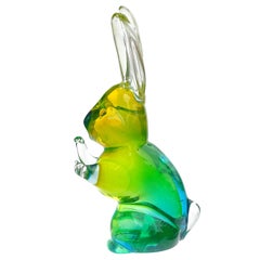 Vintage Cenedese Murano Sommerso Green Yellow Italian Art Glass Bunny Rabbit Figurine