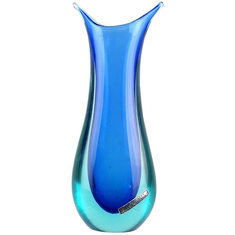 Cenedese Murano Sommerso Light Blue Cobalt Italian Vintage Art Glass Flower Vase For Sale At 1stdibs