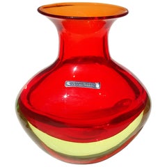 Cenedese Murano Sommerso Orange Uranium Yellow Italian Art Glass Flower Vase