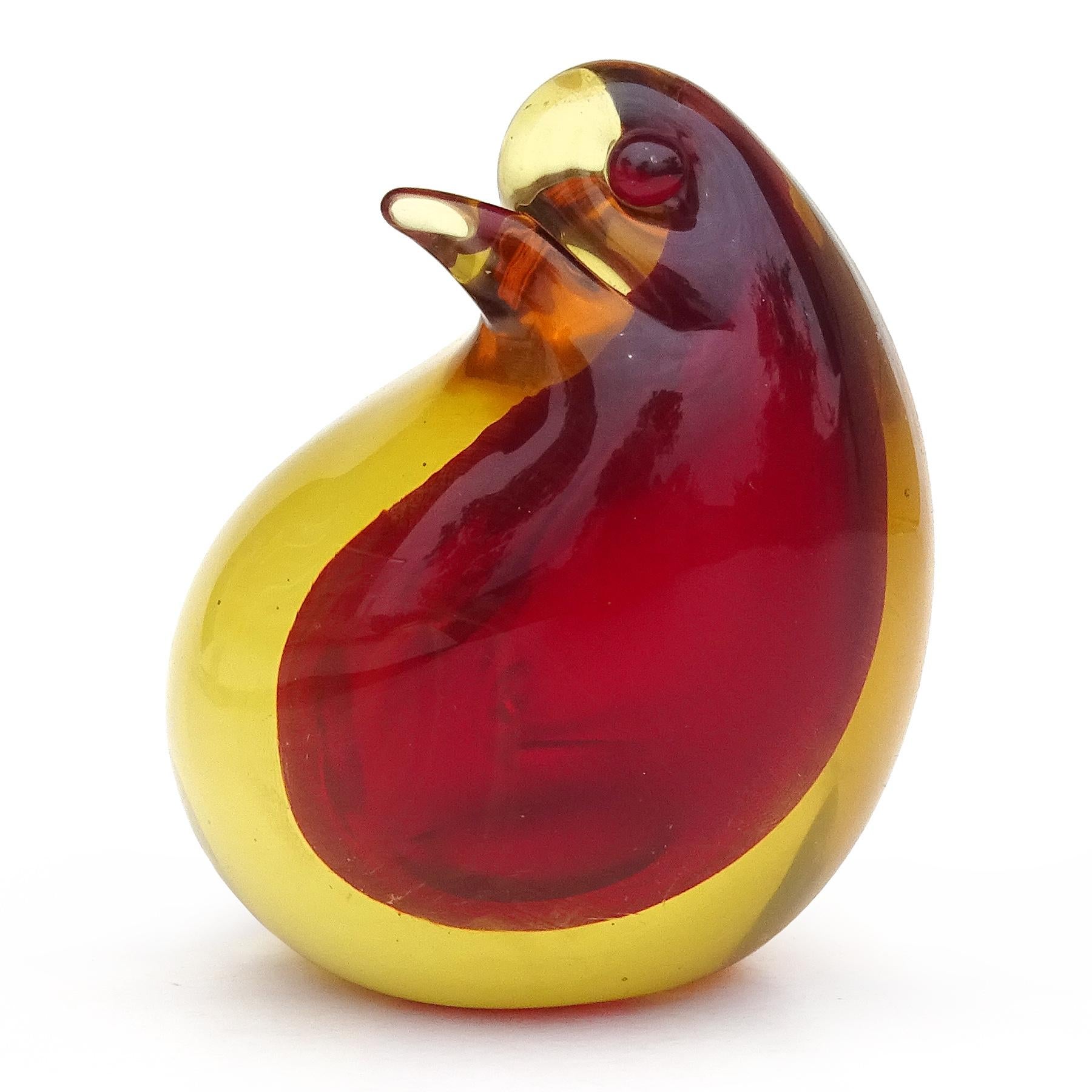 Mid-Century Modern Cenedese Murano Sommerso Yellow Orange Red Italian Art Glass Baby Bird Figurine