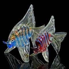 Sculptures de poissons en verre d'art italien de Murano:: rayées:: argentées et mouchetées d'or:: de Cenedese