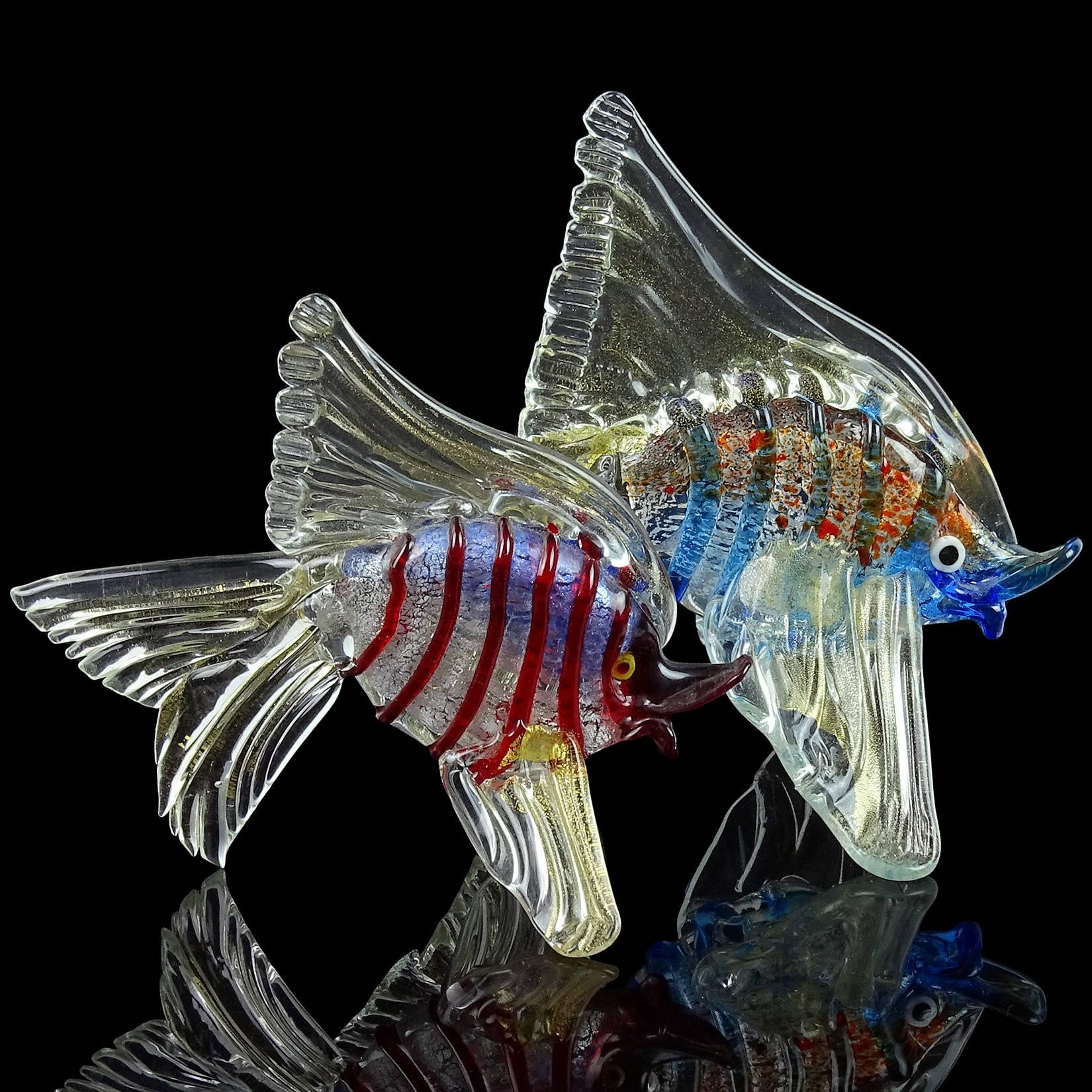 Hand-Crafted Cenedese Murano Striped Silver and Gold Flecks Italian Art Glass Fish Sculptures