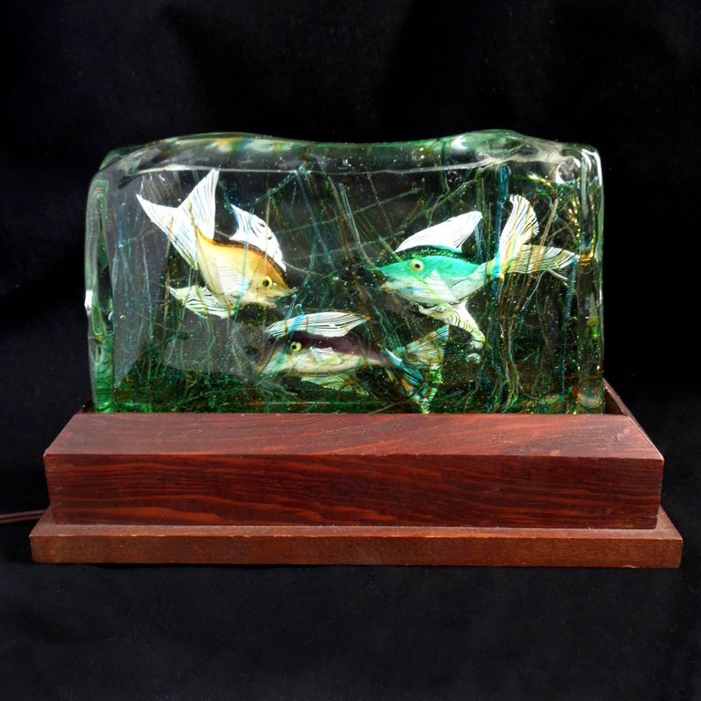 Cenedese Murano Three Fish Italian Art Glass Aquarium Block on Lighted ...
