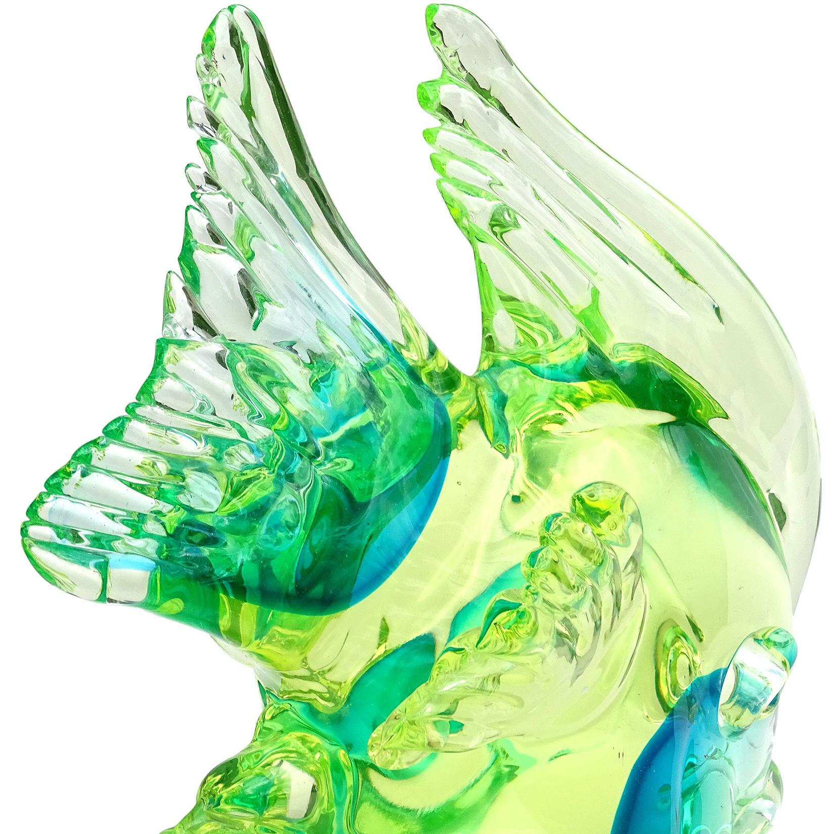Hand-Crafted Cenedese Murano Uranium Green Blue Italian Art Glass Fish on Wave Sculpture