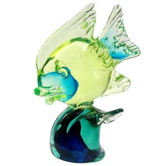 Cenedese Murano Uranium Green Blue Italian Art Glass Fish on Wave Sculpture