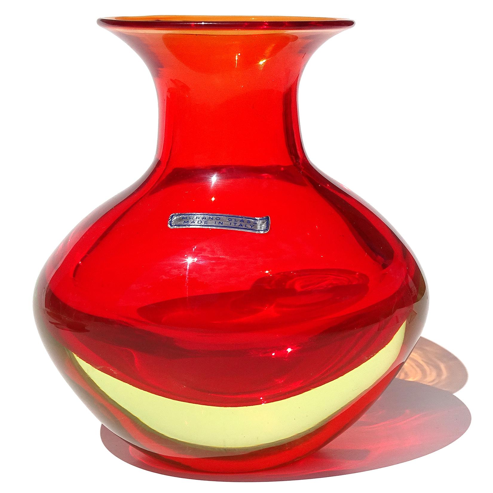 Mid-Century Modern Cenedese Murano Uranium Sommerso Orange Yellow Italian Art Glass Flower Vase For Sale