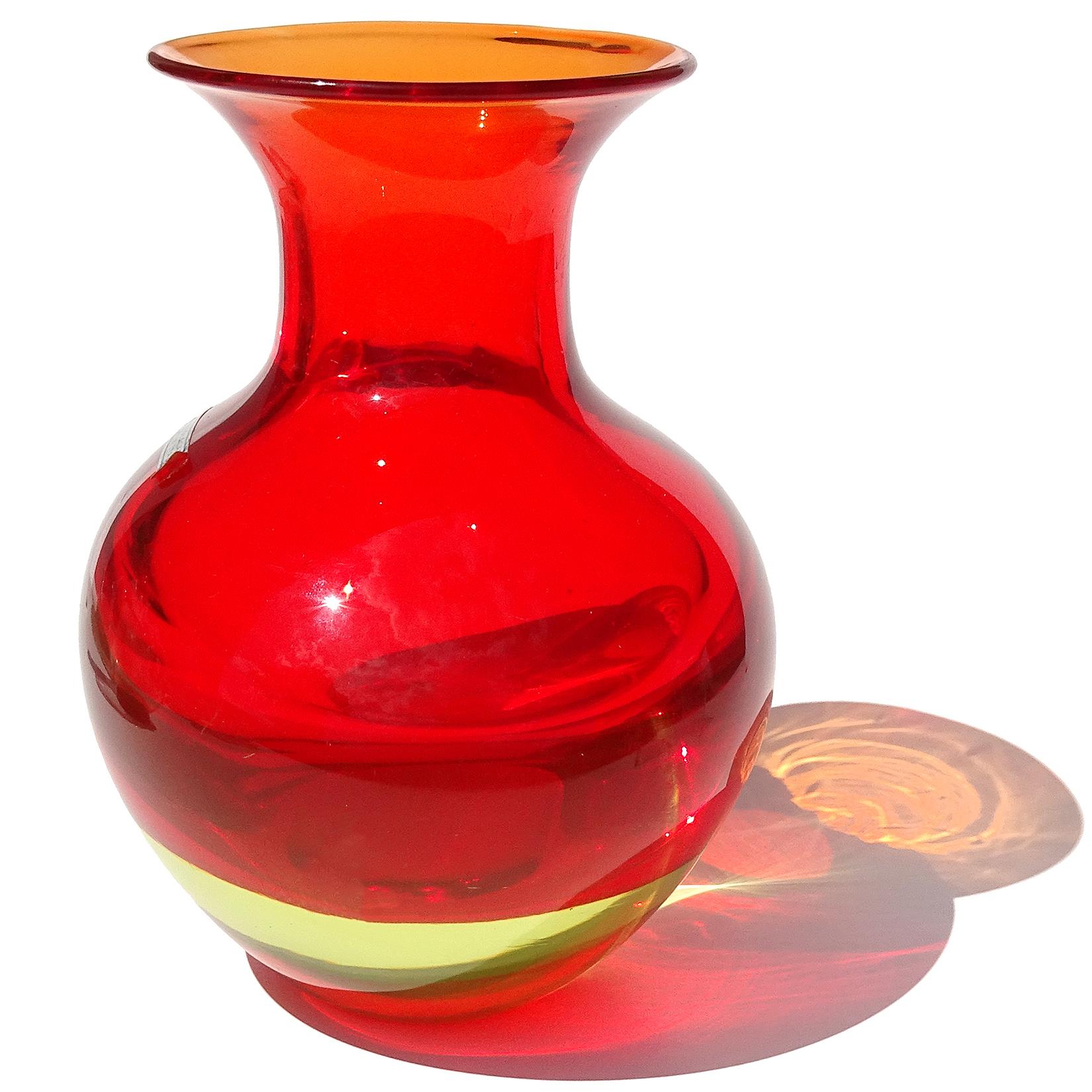 Hand-Crafted Cenedese Murano Uranium Sommerso Orange Yellow Italian Art Glass Flower Vase For Sale