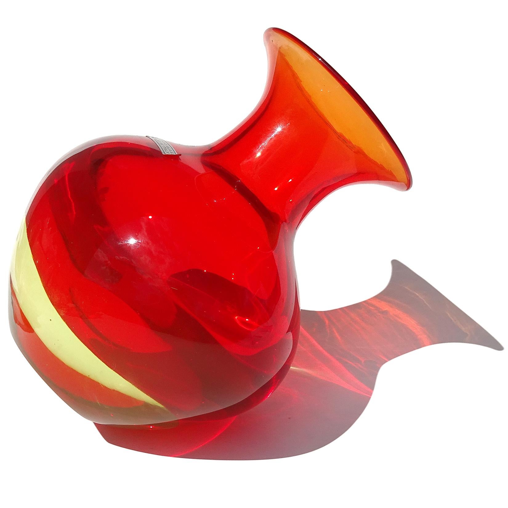 20th Century Cenedese Murano Uranium Sommerso Orange Yellow Italian Art Glass Flower Vase For Sale
