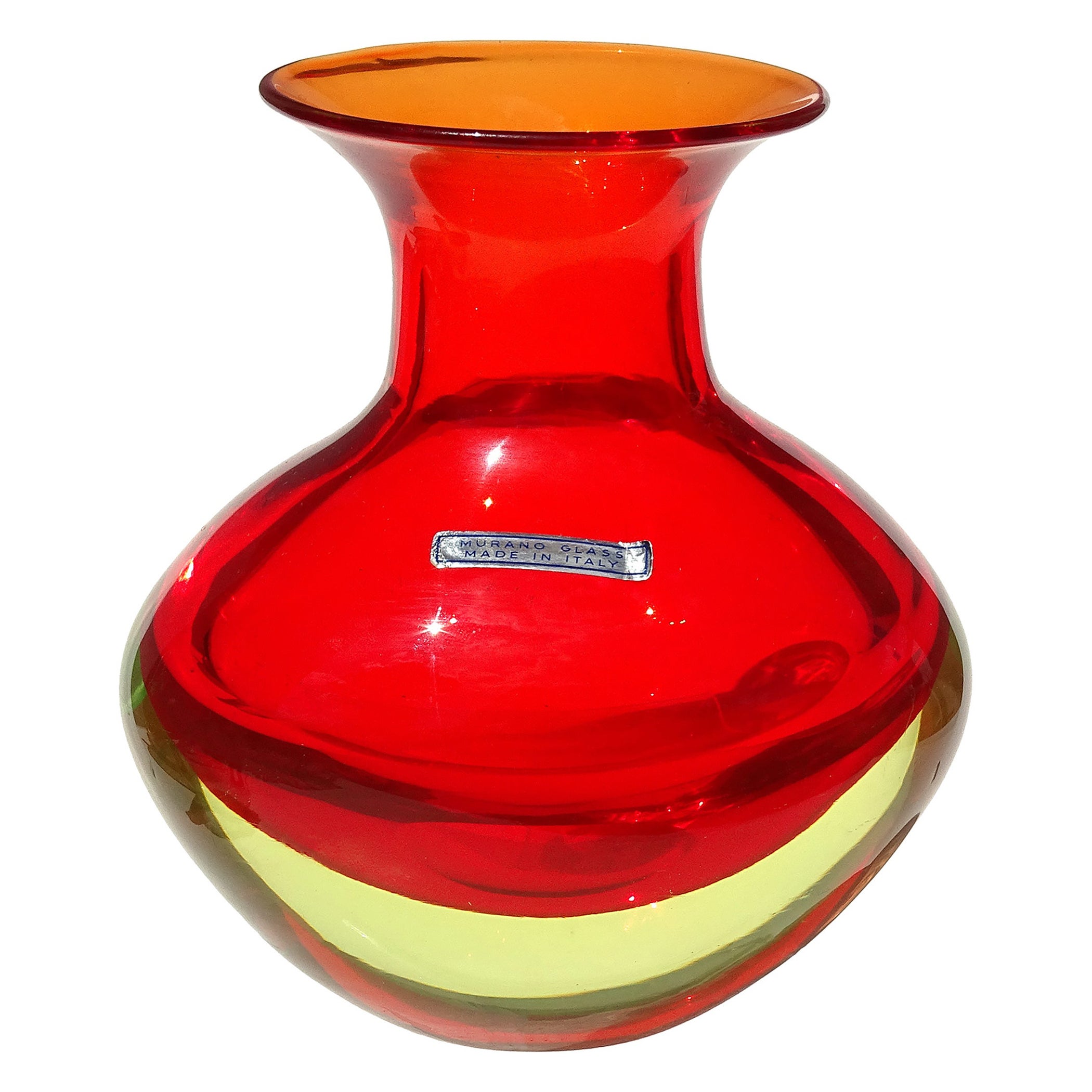 Cenedese Murano Uranium Sommerso Orange Yellow Italian Art Glass Flower Vase For Sale