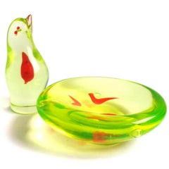 Cenedese Murano Vaseline Yellow Red Heart Italian Art Glass Bird and Bowl Set