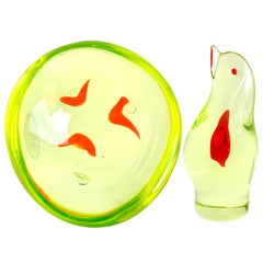 Cenedese Murano Vaseline Yellow Red Heart Italian Art Glass Bird and Bowl Set
