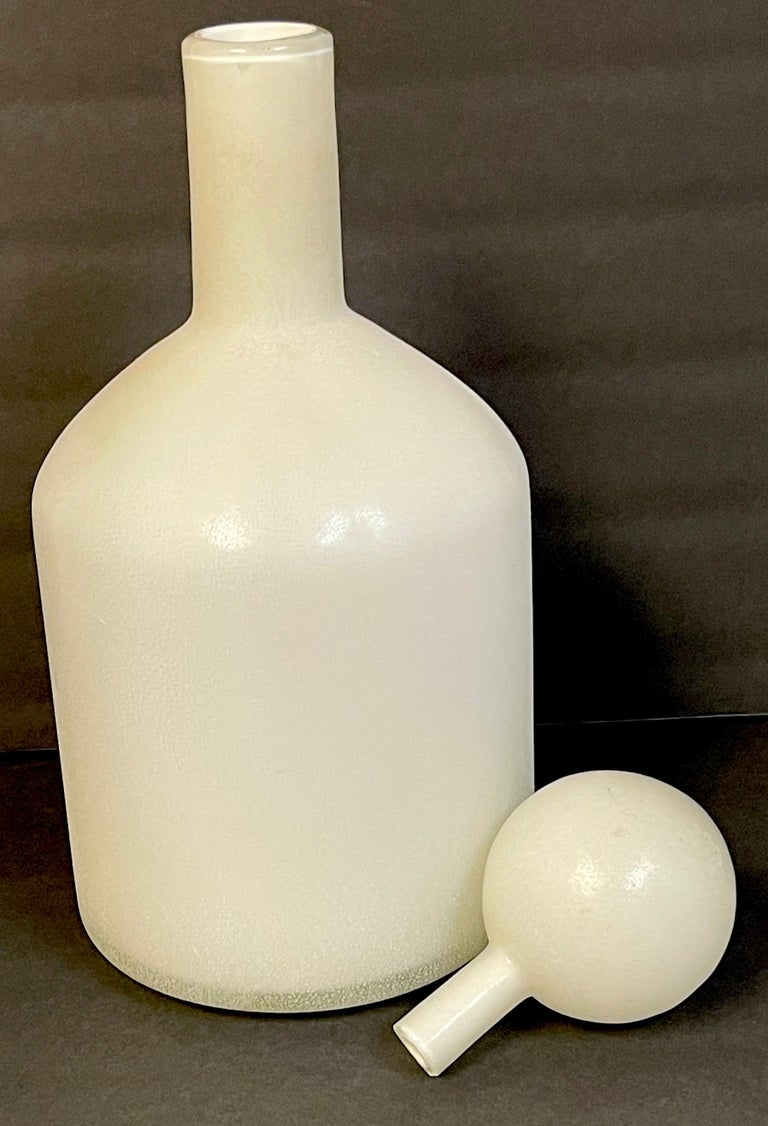 Murano Glass Cenedese Murano White-Scavo Decanter Bottle with Ball Stopper For Sale