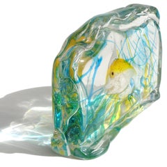 Cenedese Murano Yellow Gold Fish Italian Art Glass Aquarium Block Sculpture
