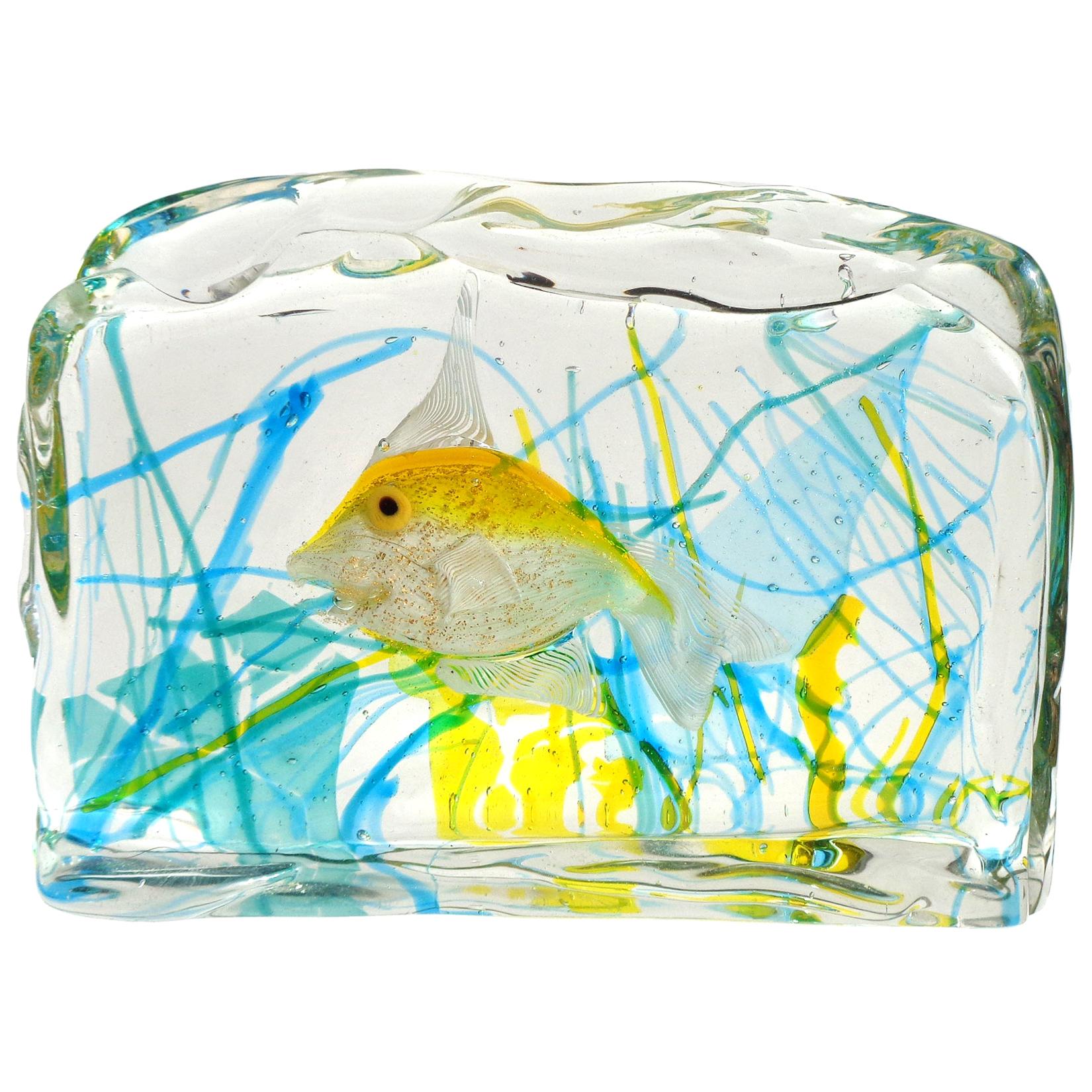 Cenedese Murano Yellow Gold Fish Italian Art Glass Aquarium Block Sculpture
