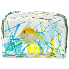 Cenedese Murano Yellow Gold Fish Italian Art Glass Aquarium Block Sculpture