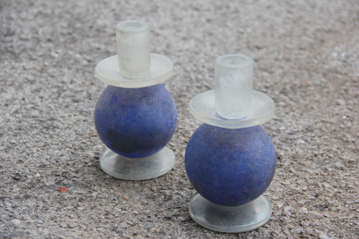 Cenedese Pair of Candlesticks in Blue Murano Glass Ball Opaque Italian, 1960s In Good Condition For Sale In Palermo, Sicily
