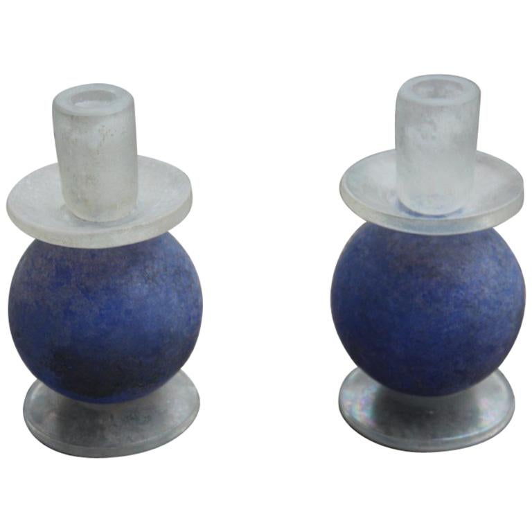 Cenedese Pair of Candlesticks in Blue Murano Glass Ball Opaque Italian, 1960s For Sale