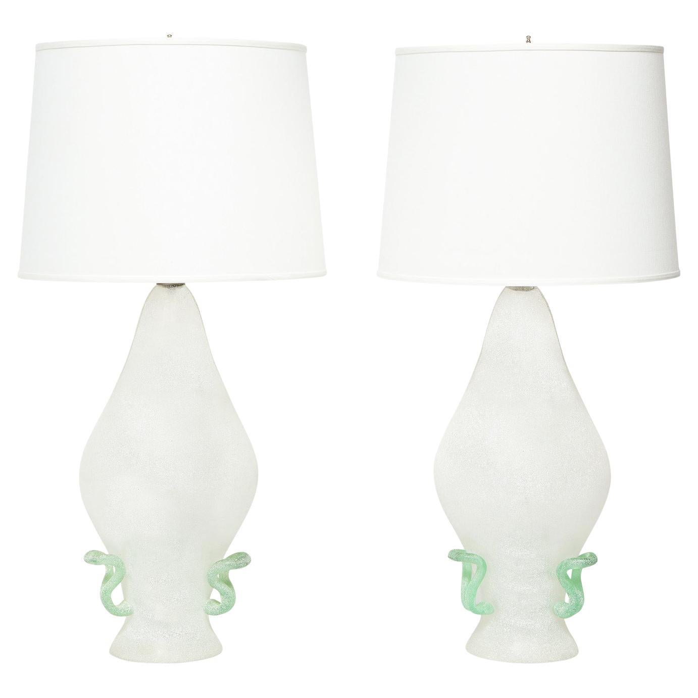 Cenedese Pair of Hand-Blown Scavo Glass Table Lamps 1970s For Sale