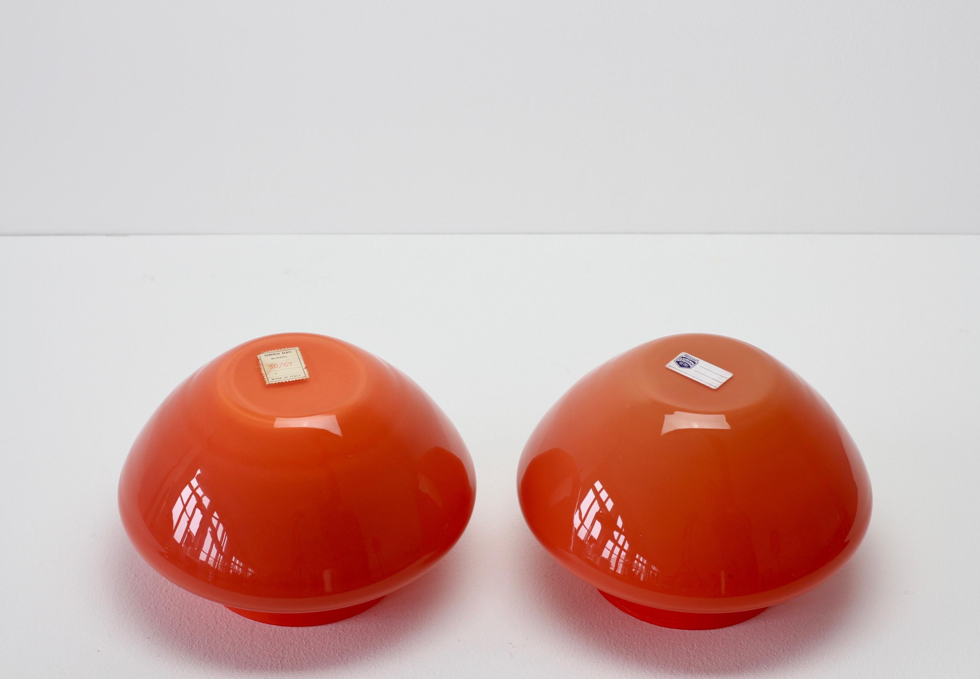 Blown Glass Cenedese Pair of Vintage Italian Red Murano Glass Bowls or Vases, circa 1967