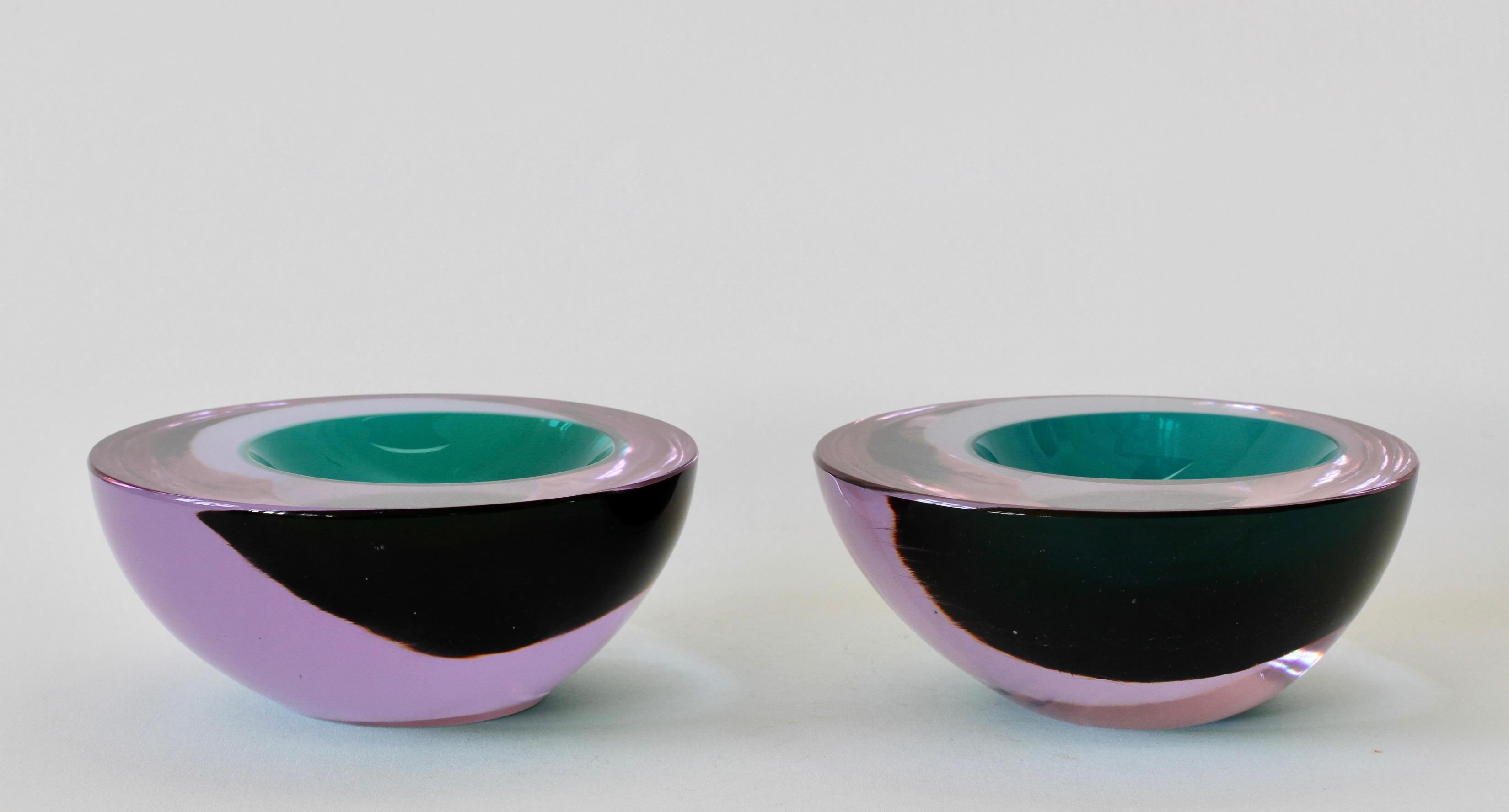 Blown Glass Cenedese Pair of Lilac & Green Sommerso Murano Glass Bowls, Dish or Ashtray For Sale