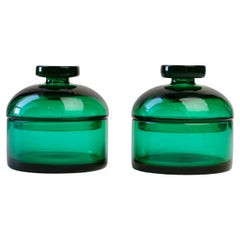 Cenedese Pair of Mid-Century Green Italian Murano Glass Apothecary Lidded Jars