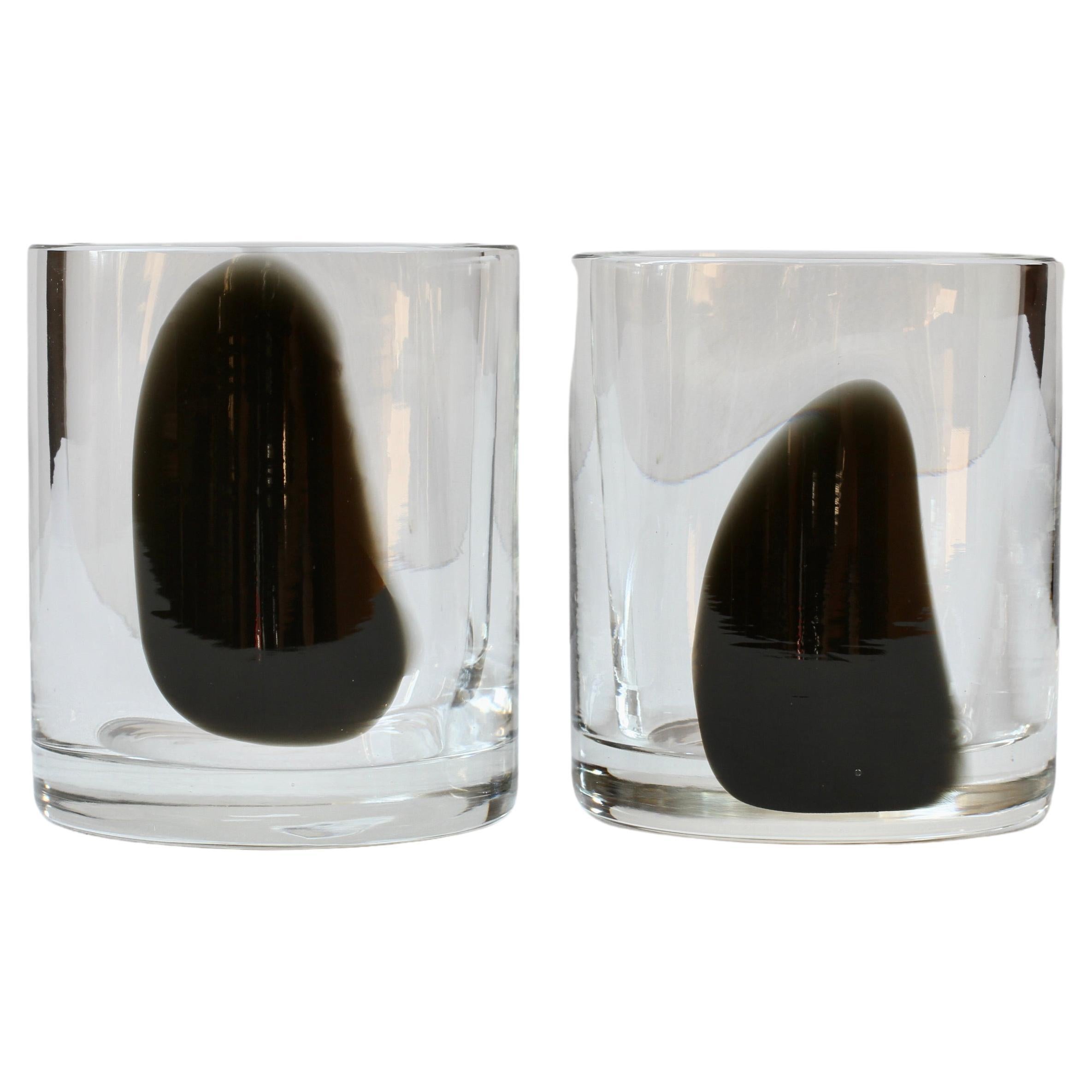 Cenedese Pair of Midcentury 1970s Italian Round Black & Clear Murano Glass Vases