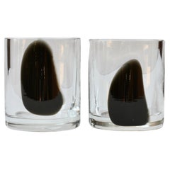 Vintage Cenedese Pair of Midcentury 1970s Italian Round Black & Clear Murano Glass Vases