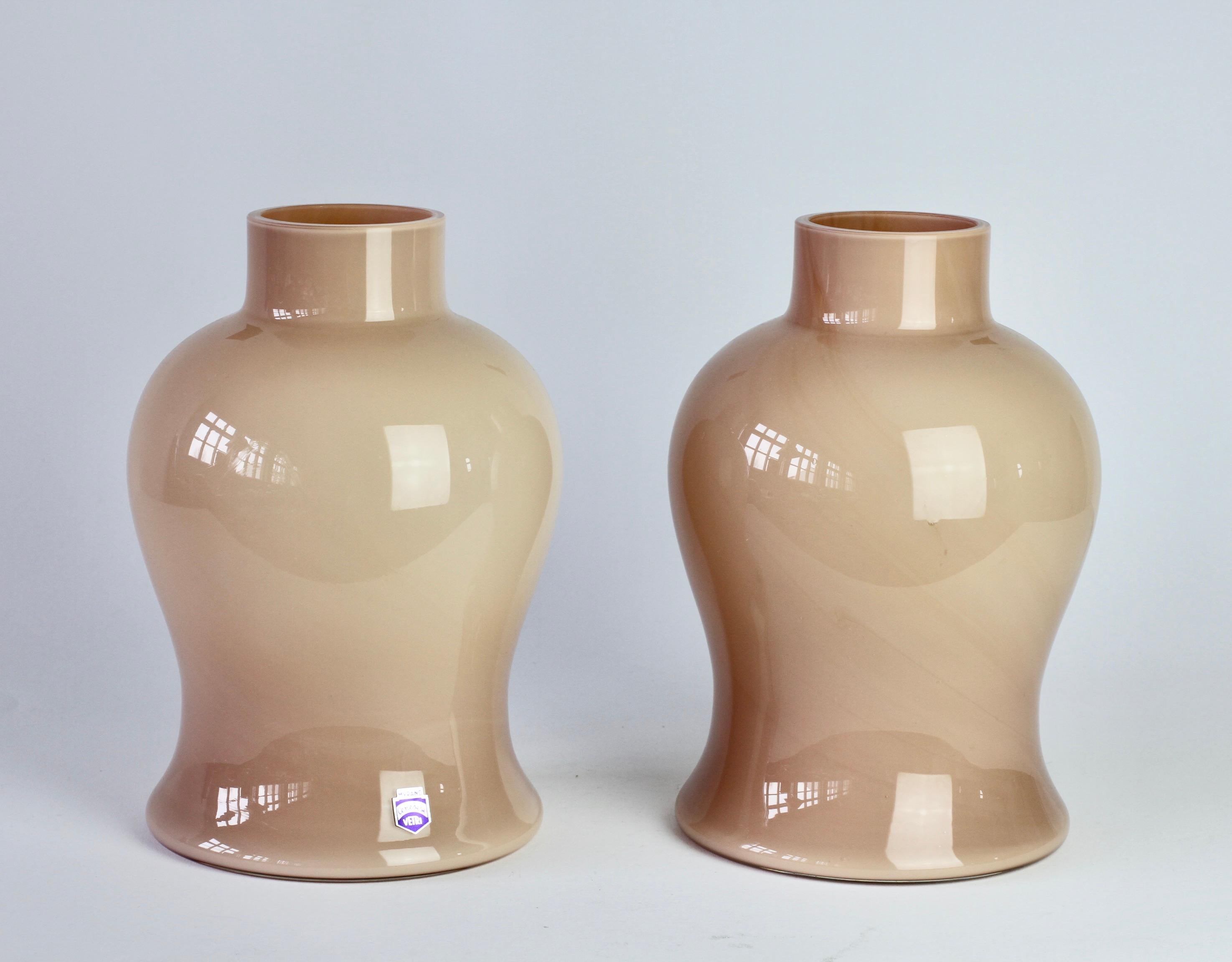 Blown Glass Cenedese Pair of Nude Pink Vintage Midcentury Italian Murano Art Glass Vases For Sale
