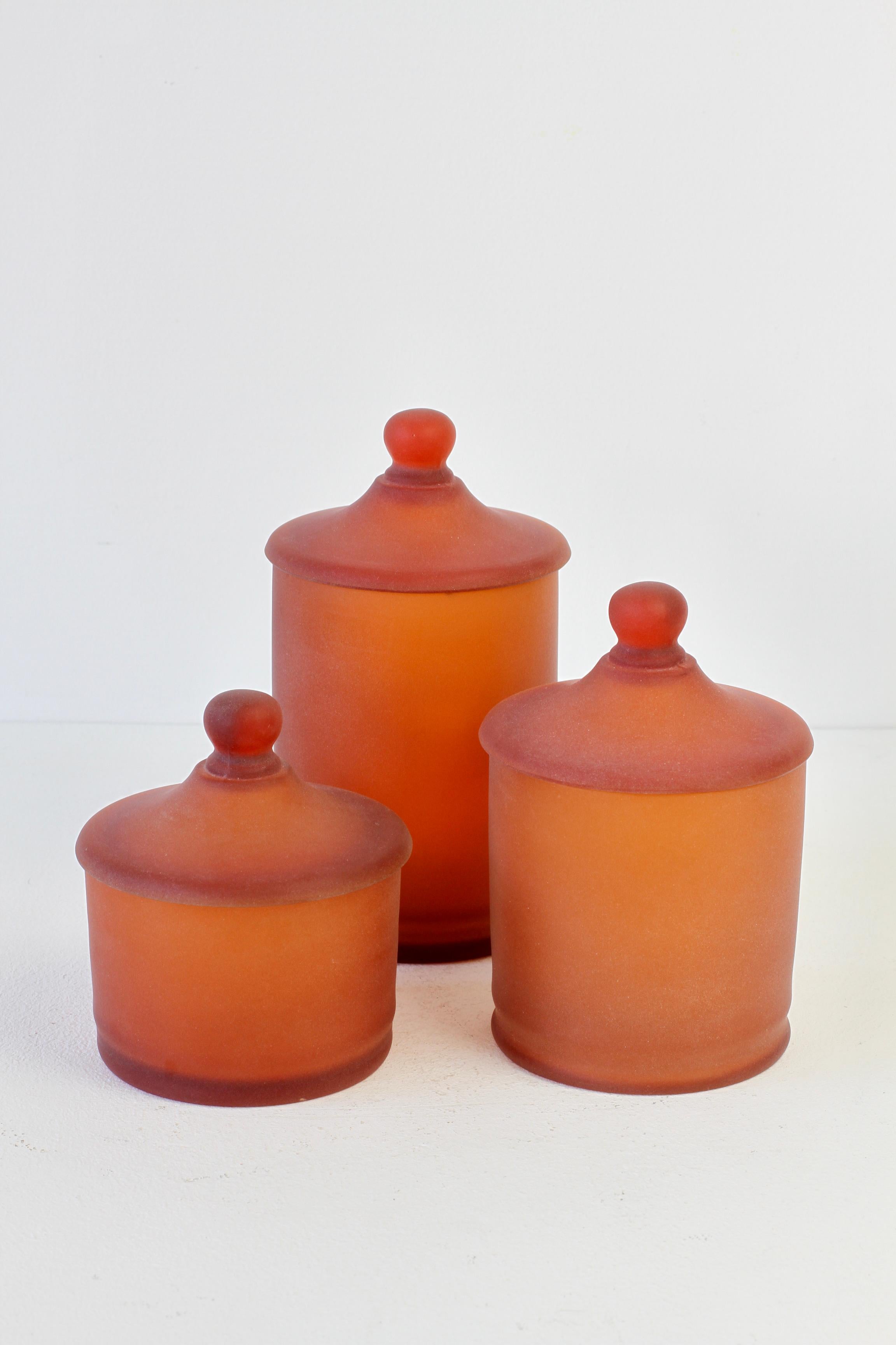 Italian Cenedese Rare Trio of Amber 'Corroso' Glass Apothecary Lidded Jars Murano Italy For Sale