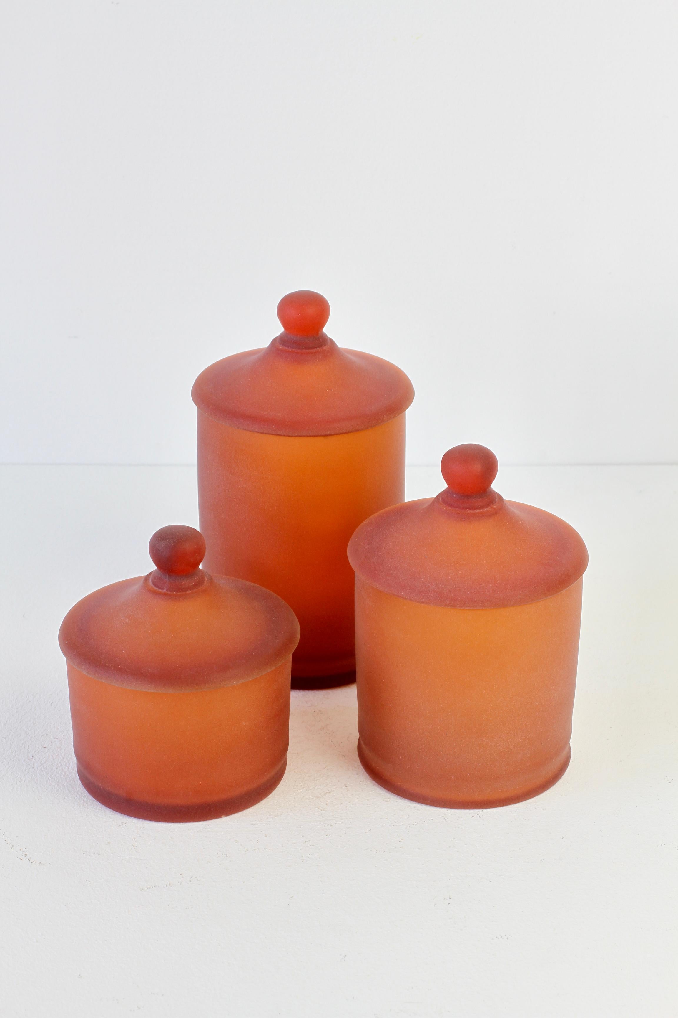 Etched Cenedese Rare Trio of Amber 'Corroso' Glass Apothecary Lidded Jars Murano Italy For Sale