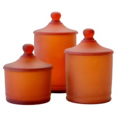 Vintage Cenedese Rare Trio of Amber 'Corroso' Glass Apothecary Lidded Jars Murano Italy
