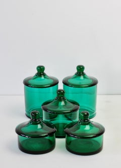 Cenedese Rare Vintage Set of 5 Green Glass Apothecary Lidded Jars Murano Italy