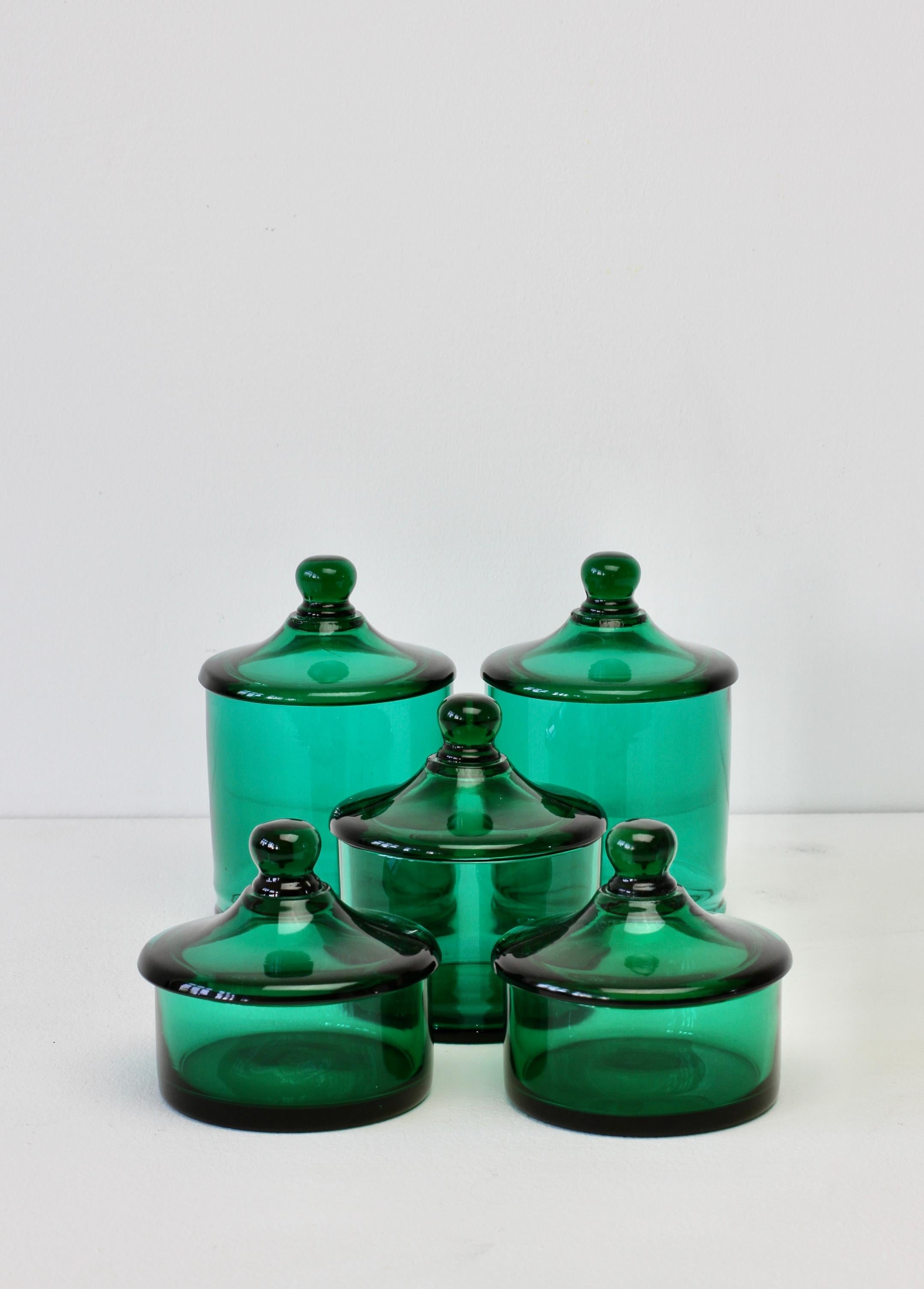 Mid-Century Modern Cenedese Rare Vintage Set of 5 Green Glass Apothecary Lidded Jars Murano Italy For Sale
