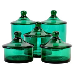 Cenedese Rare Vintage Set of 5 Green Glass Apothecary Lidded Jars Murano Italy