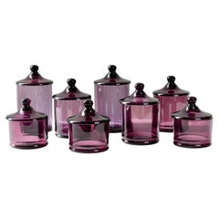 Cenedese Rare Vintage Set of 8 Purple Glass Apothecary Lidded Jars Murano Italy