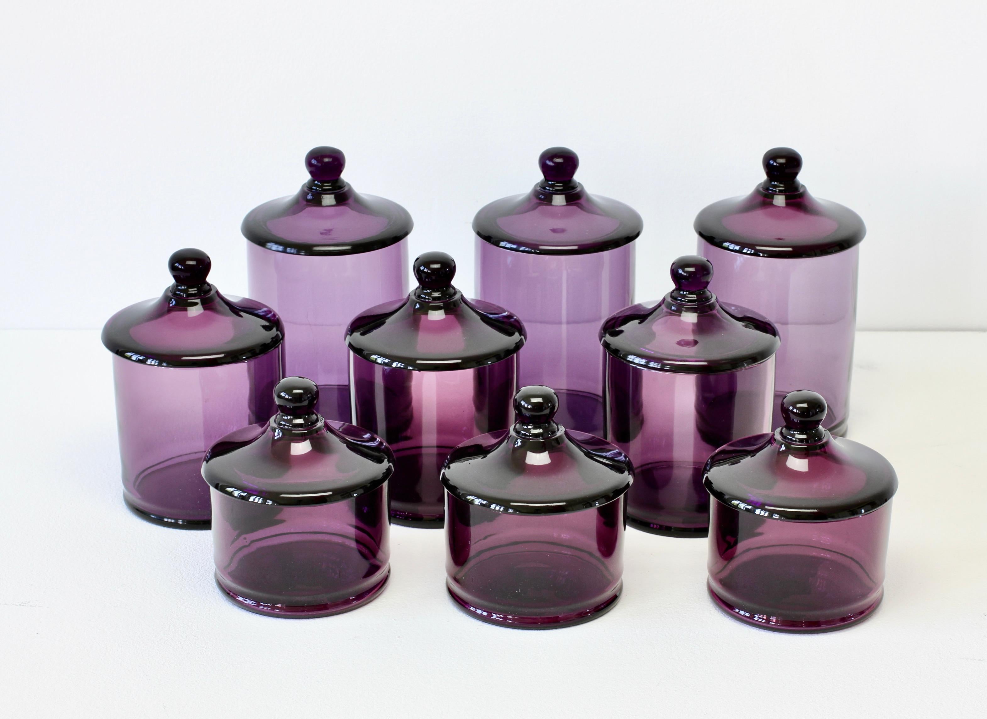 Mid-Century Modern Cenedese Rare Vintage Set of Purple Glass Apothecary Lidded Jars Murano Italy
