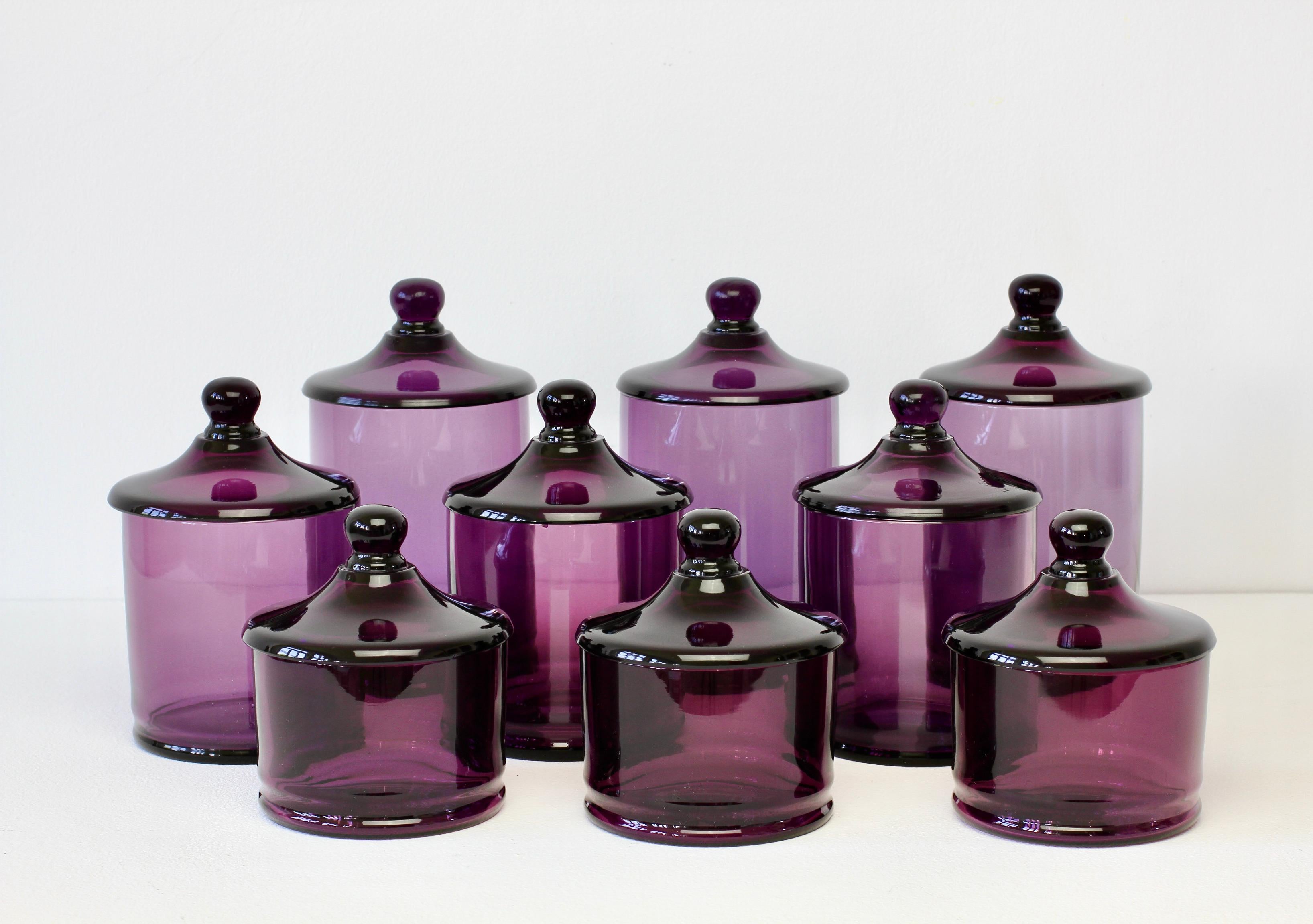 Italian Cenedese Rare Vintage Set of Purple Glass Apothecary Lidded Jars Murano Italy