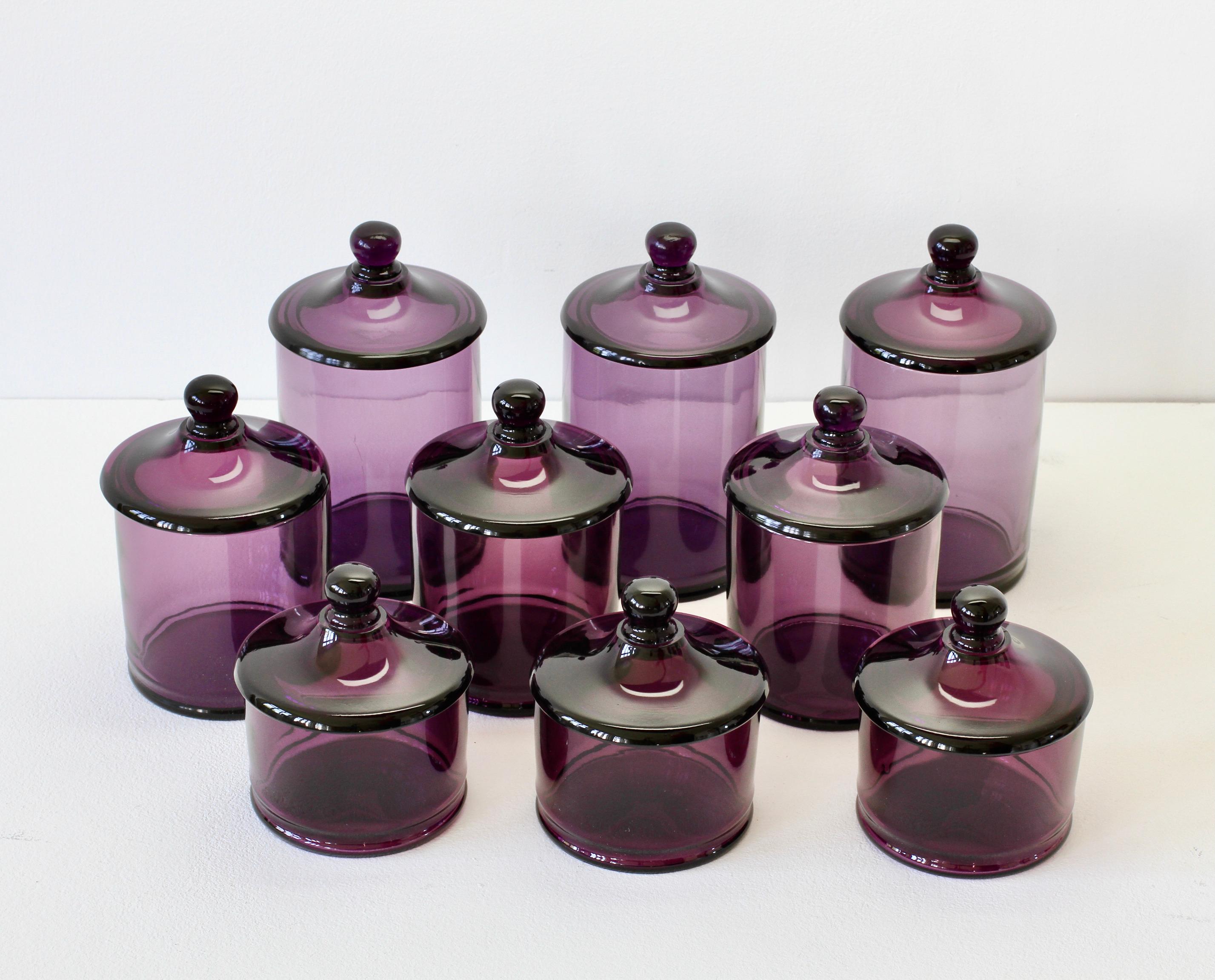 Blown Glass Cenedese Rare Vintage Set of Purple Glass Apothecary Lidded Jars Murano Italy