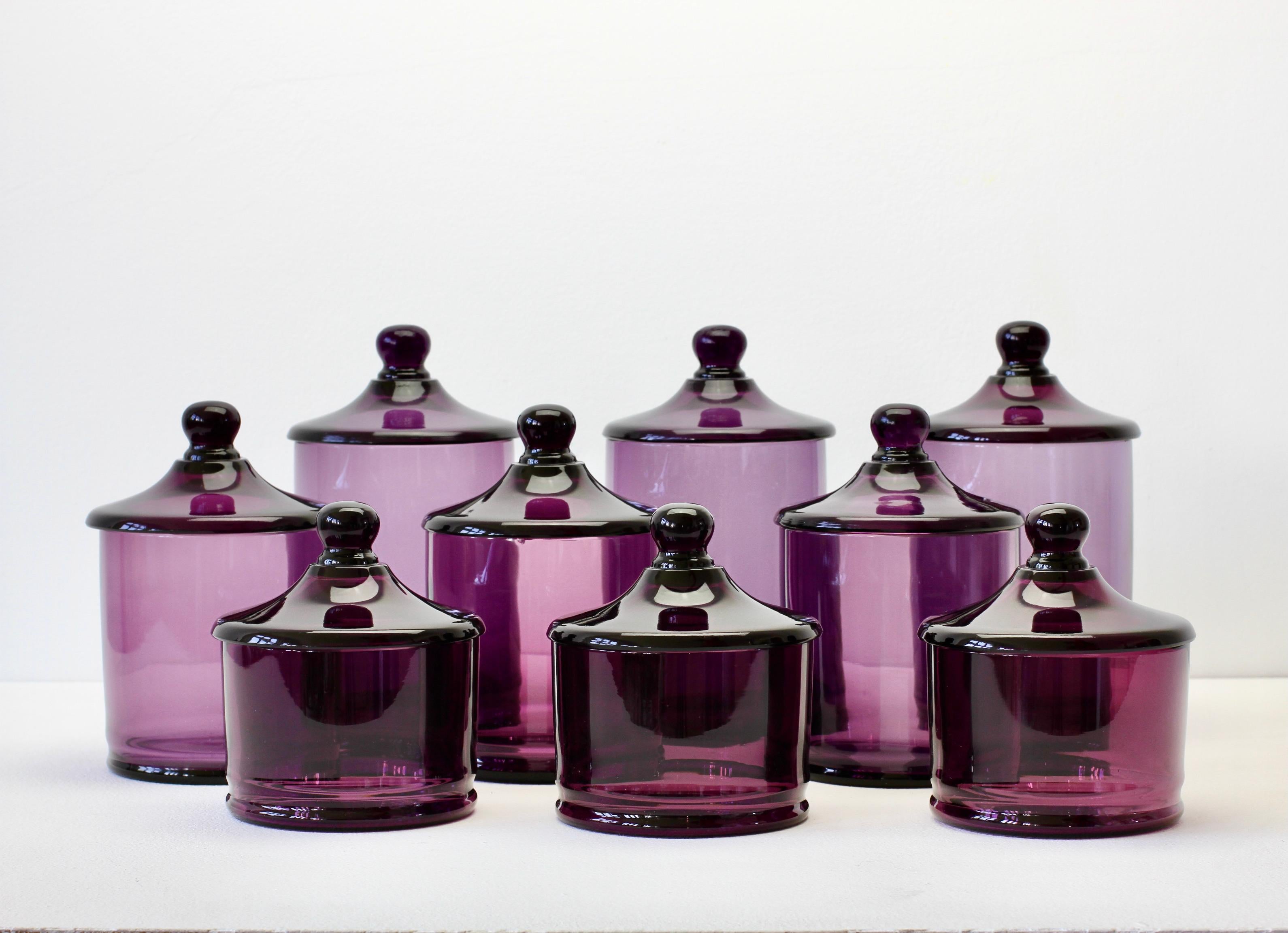 Cenedese Rare Vintage Set of Purple Glass Apothecary Lidded Jars Murano Italy 1