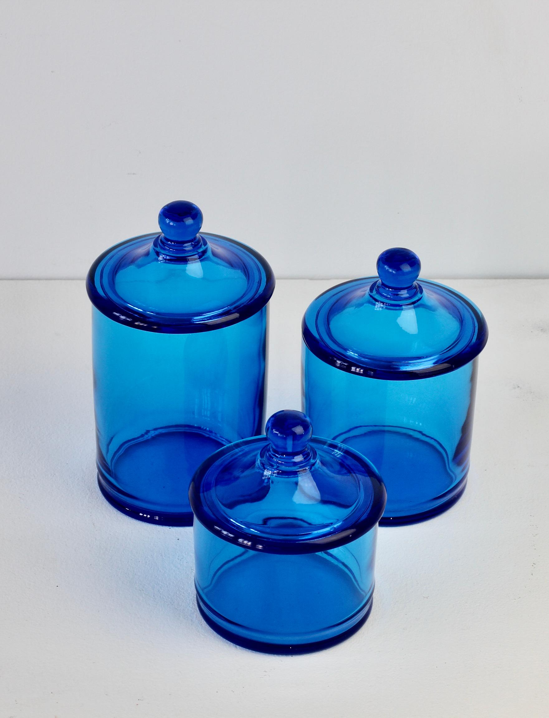 Blown Glass Cenedese Rare Vintage Trio of Blue Glass Apothecary Lidded Jars Murano Italy For Sale