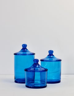 Cenedese Rare Vintage Trio of Blue Glass Apothecary Lidded Jars Murano Italy
